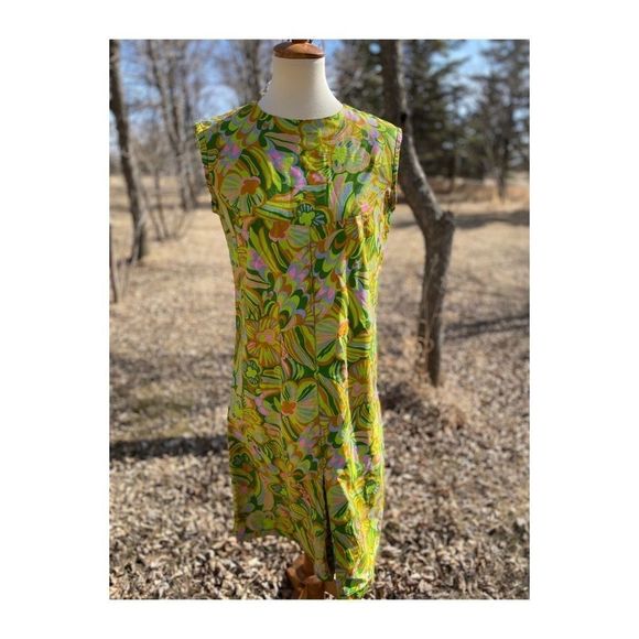 Vintage Dresses & Skirts - Vintage 60s Hawaiian Dress Psychedelic Cotton Sateen Mod